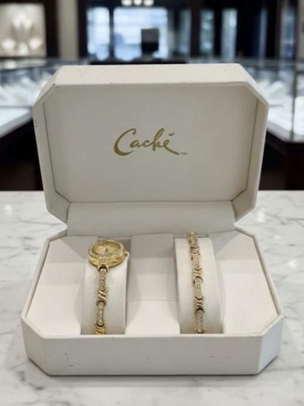 Vintage Caché Gold Plated Watch & Link Bracelet Boxed Set 1999 with receipt